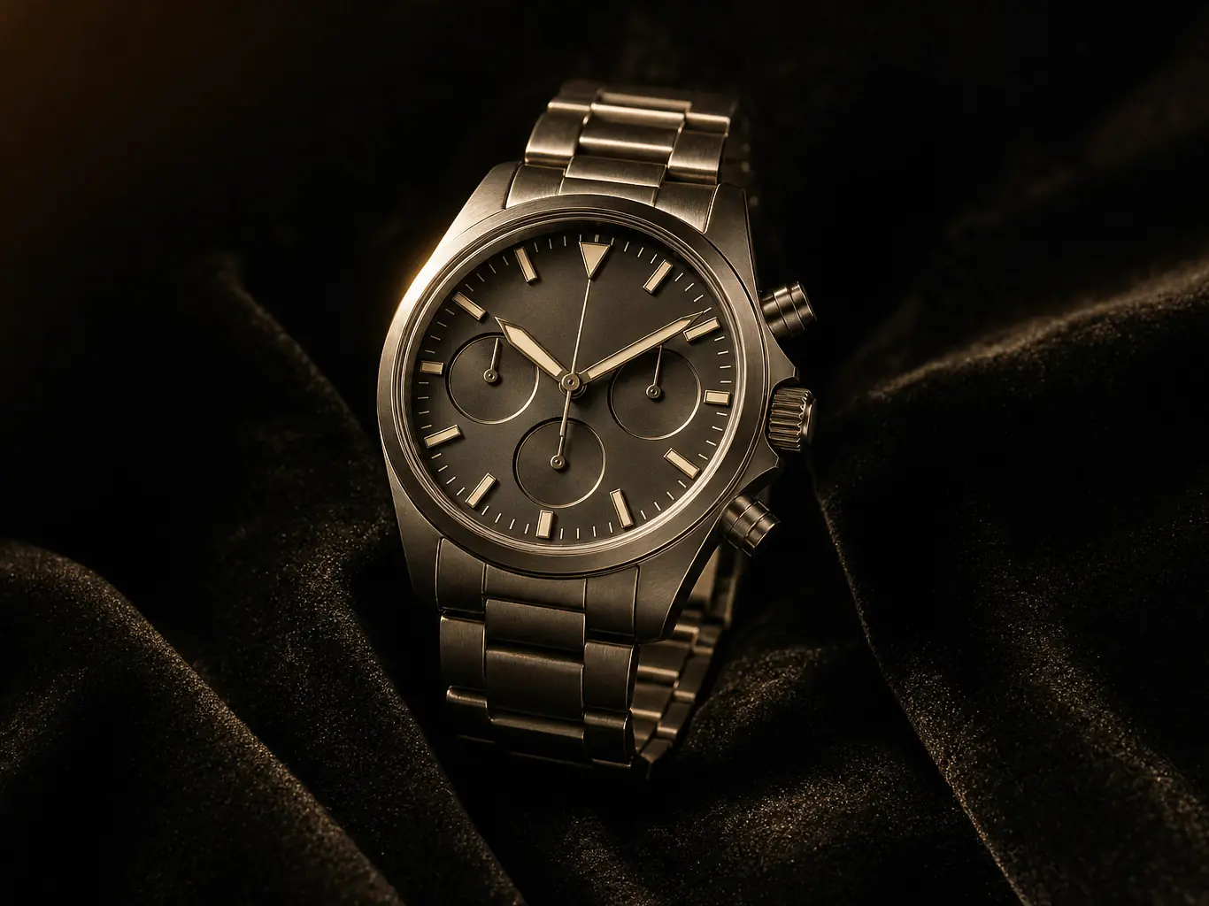 Steel chronograph watch with a grey dial and bracelet on black velvet