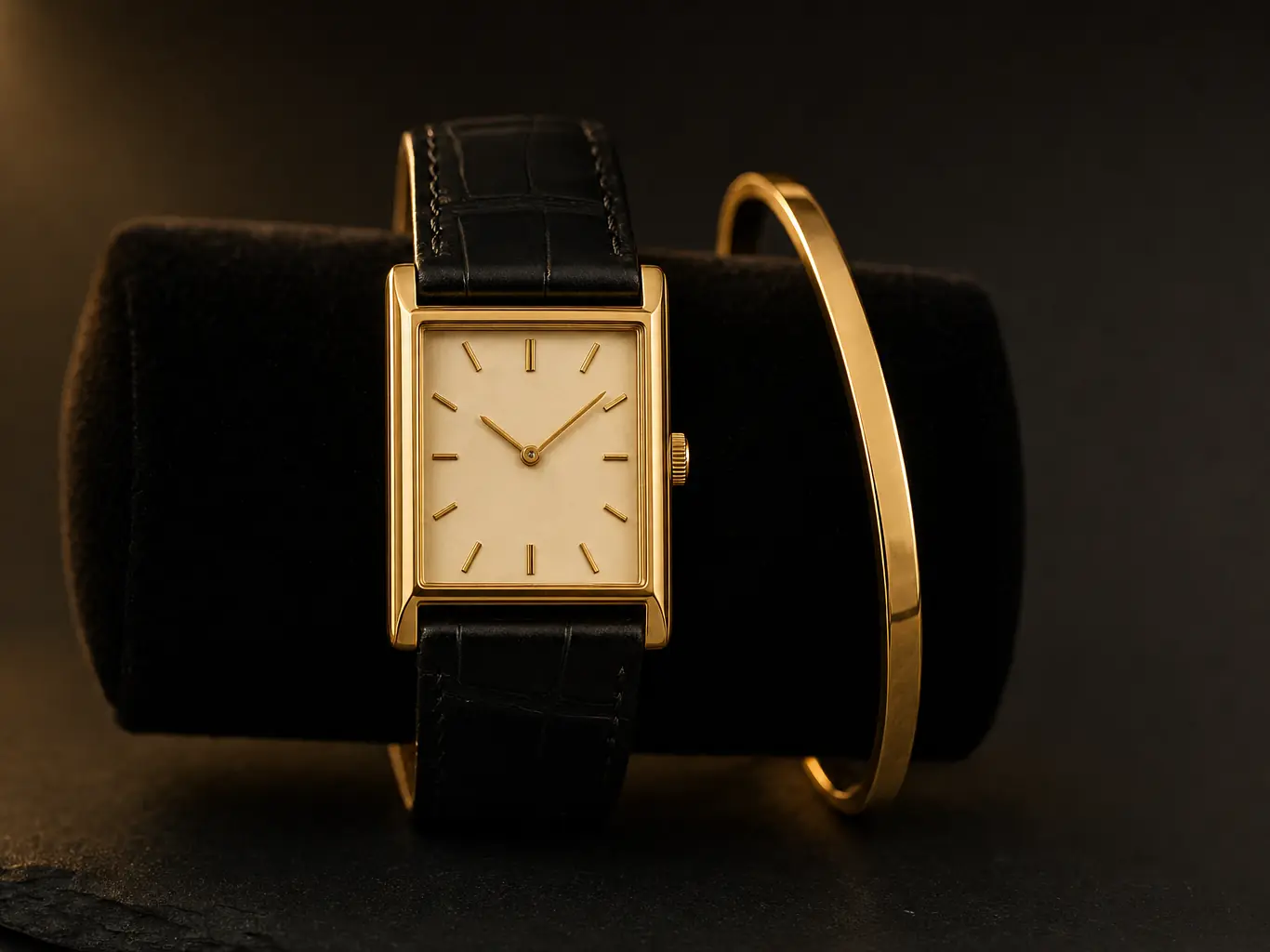 Rectangular gold dress watch on a black leather strap beside a gold bangle