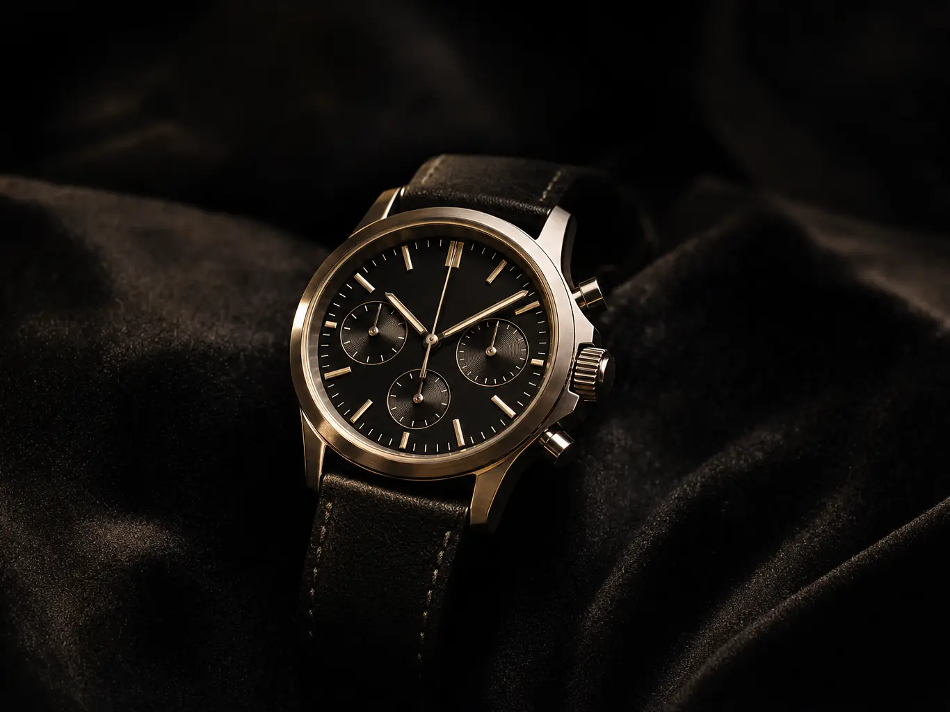 Chronograph watch with a black dial and leather strap on black velvet