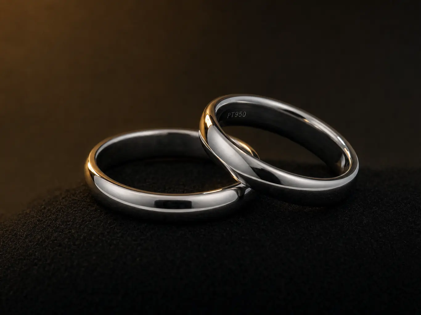 Two polished platinum bands on black velvet