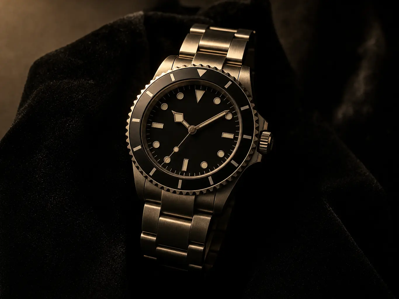 Sports watch with a rotating bezel on black velvet