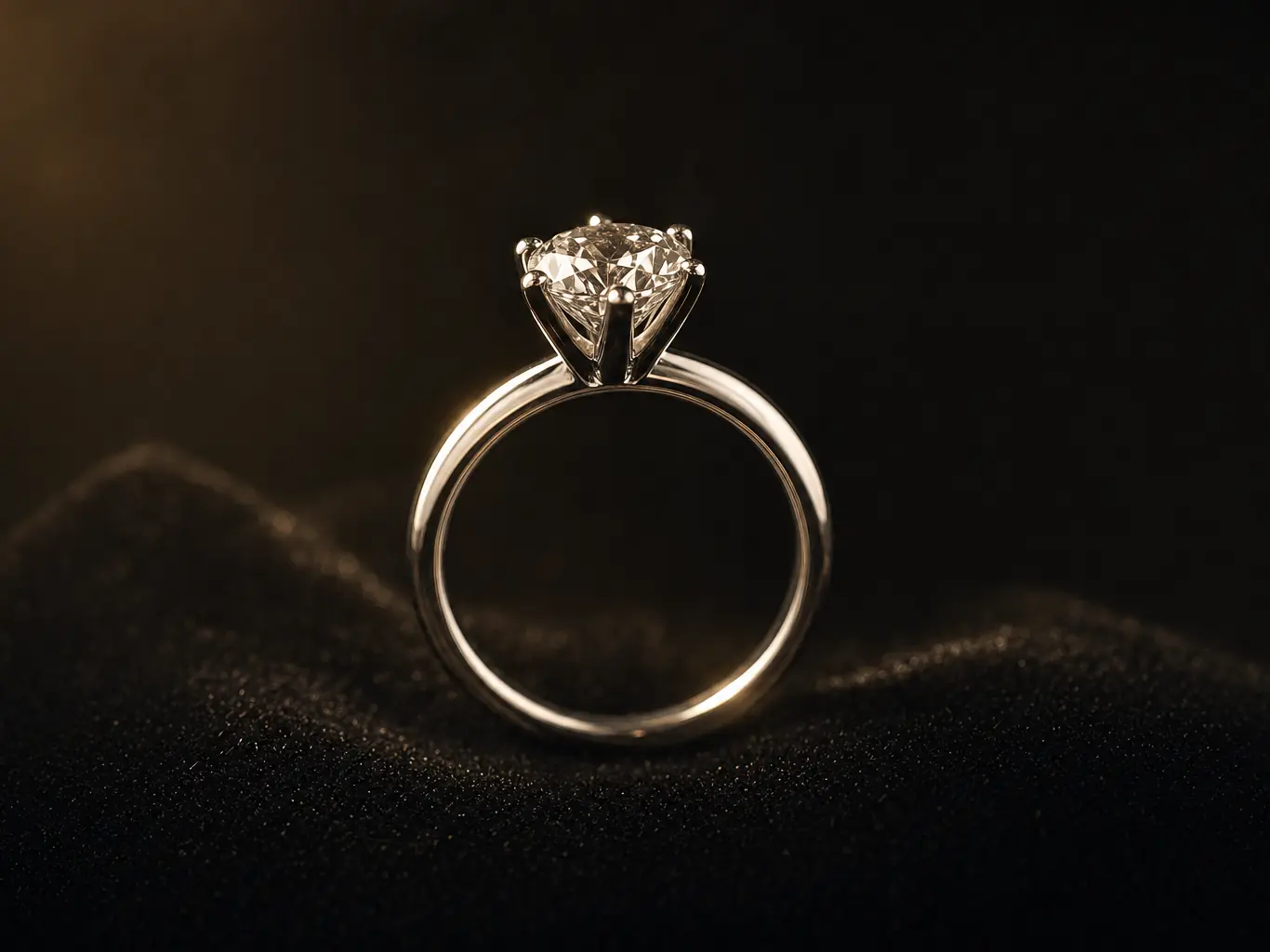 Six-claw diamond solitaire ring standing upright on black velvet