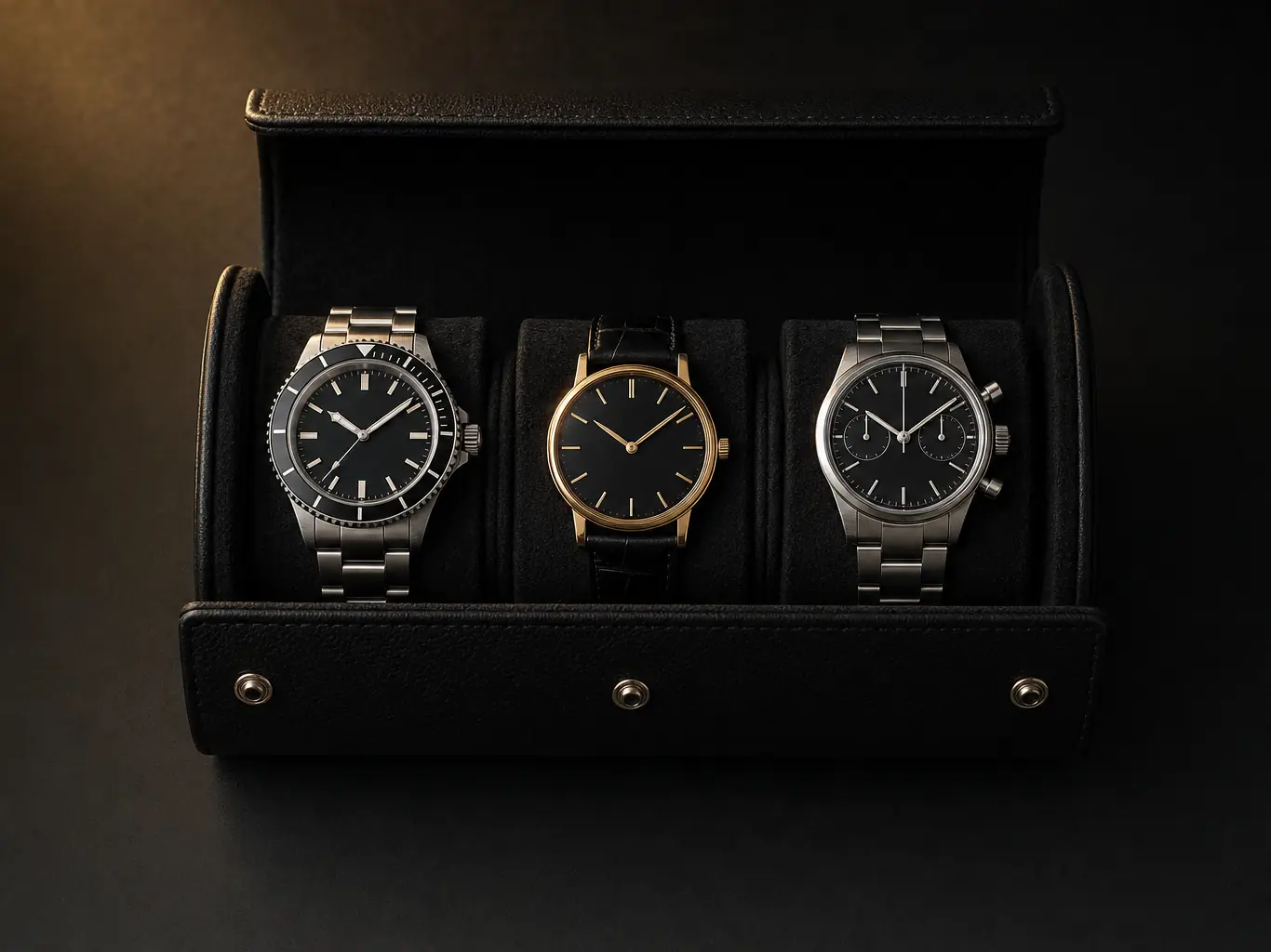 Three luxury wristwatches, steel diver, gold dress and steel chronograph, in a black leather watch roll